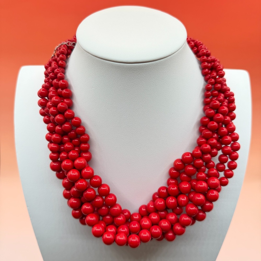 Red Multi Strand Beaded Necklace Chunky Statement Bib Christmas Vintage Jewelry